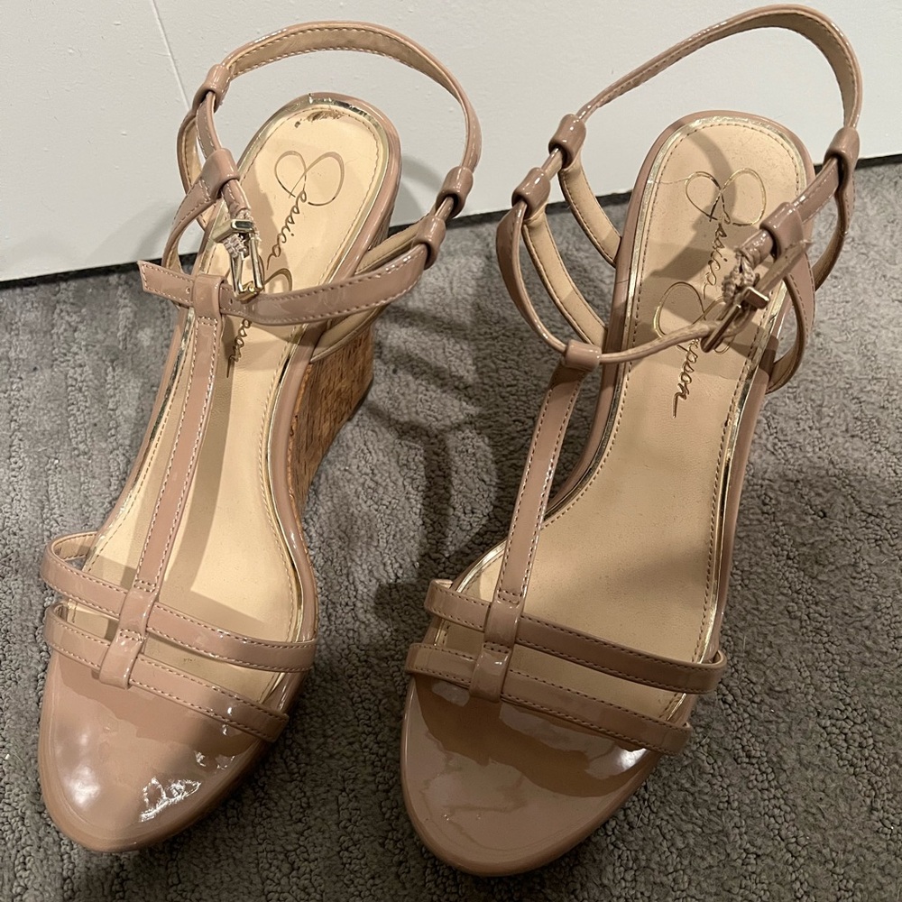 Jessica Simpson Nude Cork Wedges- Beige T-Strap Wedge